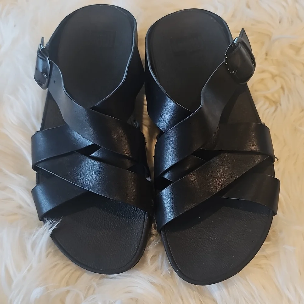 Fitflop Black Leather Crisscross Slide Sandals